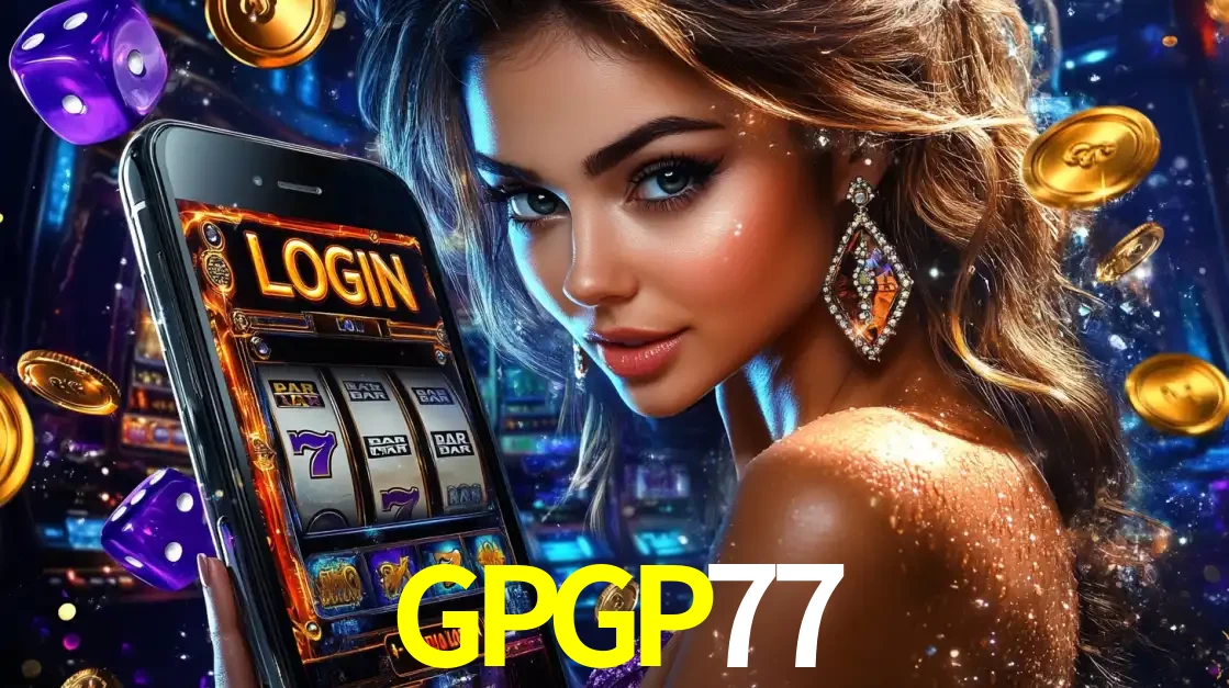 Mulher glamorosa segurando um smartphone com a tela de login para os jogos de caça-níqueis do cassino online GPGP77, com moedas de ouro e dados ao redor.